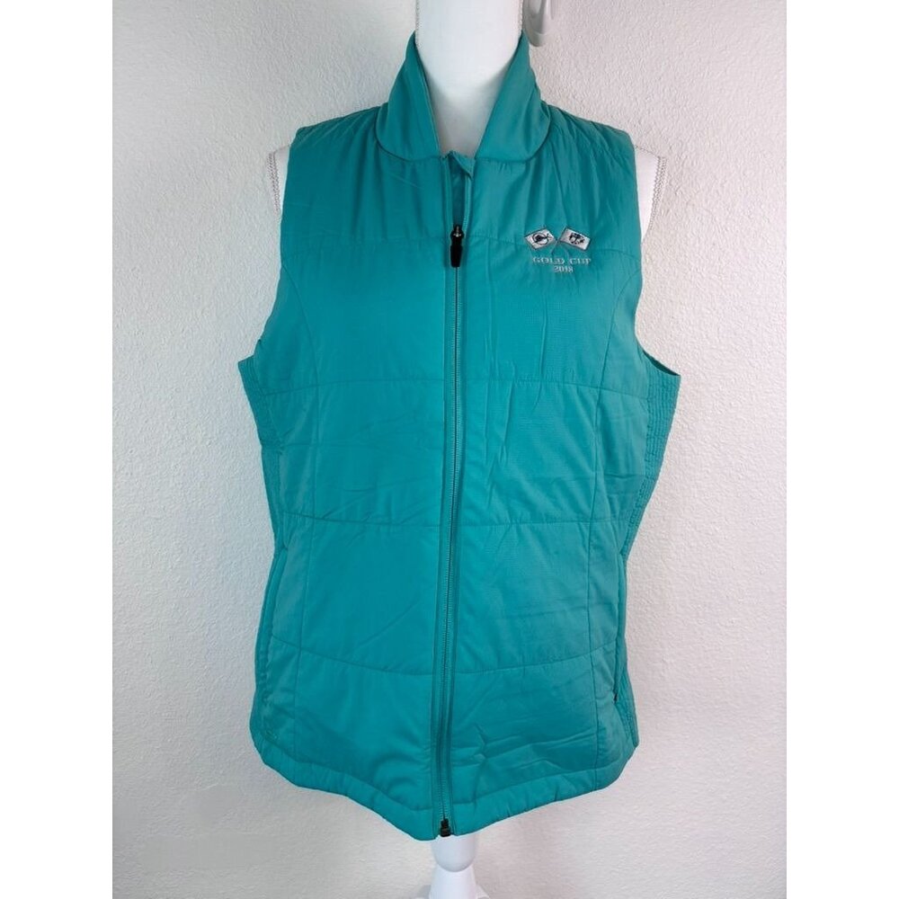 Peter Millar women's large teal green quilted puffer full zip vest‎ casual golf